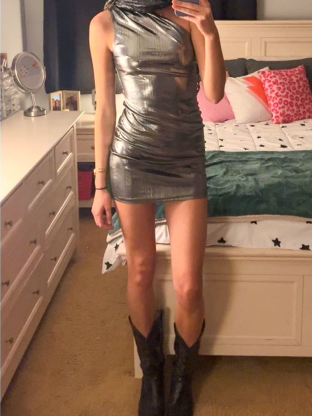 Metallic Silver One-Shoulder Mini Dress